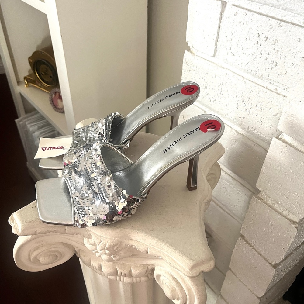 Silver Sequin Open-Toe Mark Fischer Heeled Mules 4”